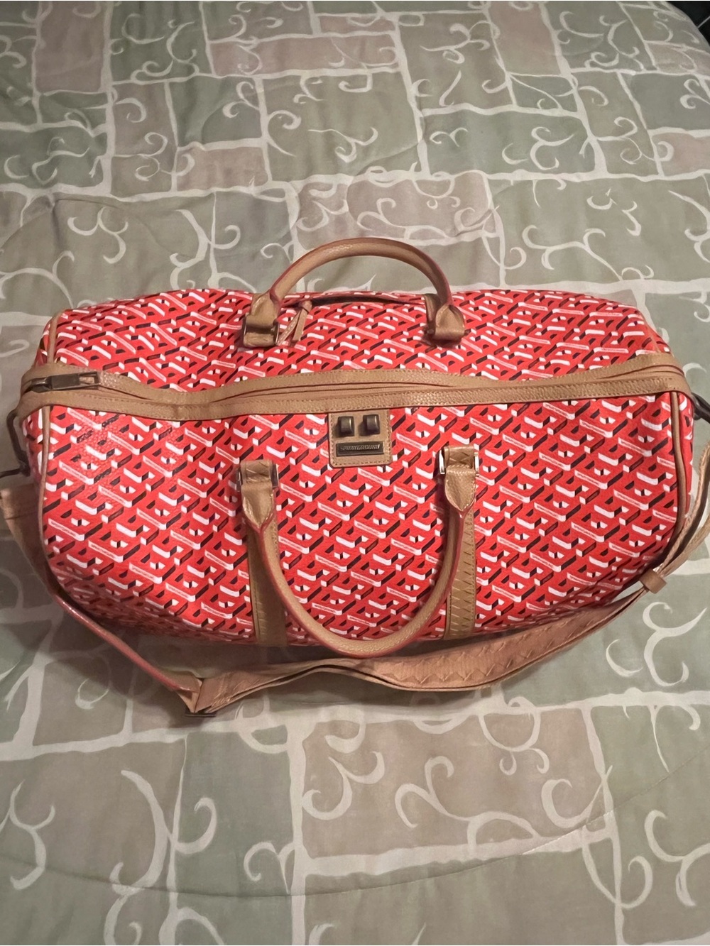 Sprayground Duffle Bag 25" Adjustable Straps Red/Tan Faux Leather Geometric